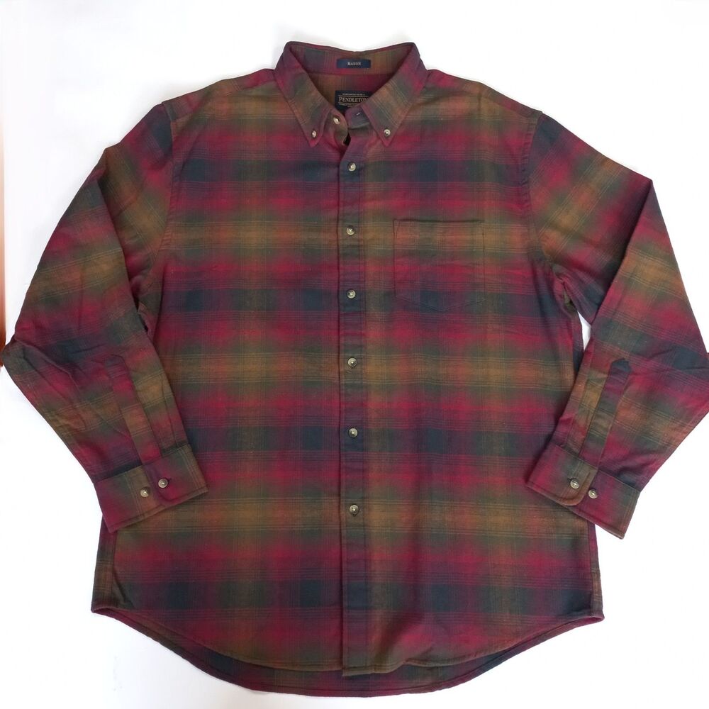 Pendleton Mason Shirt Flannel XL Crimson Red Olive Green Shadow Plaid Cotton 100
